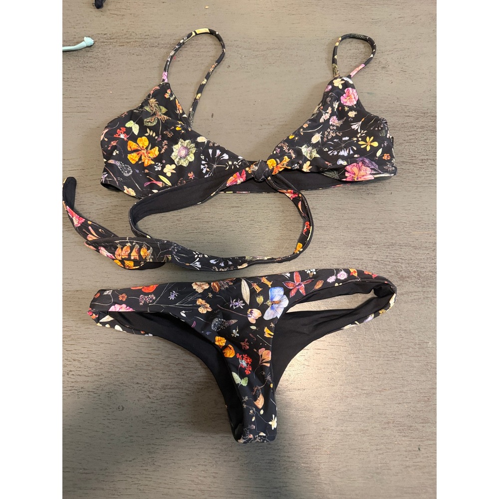 L Space Botanical Floral Wrap Triangle Bikini Set Itsy Cut Black XS